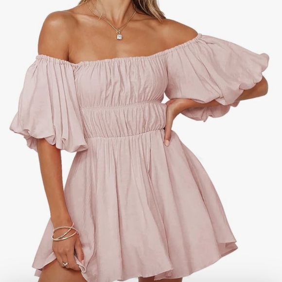 Dokotoo Off The Shoulder Lantern Sleeve Elastic Waist A-Line Mini Dress Small - Picture 1 of 13